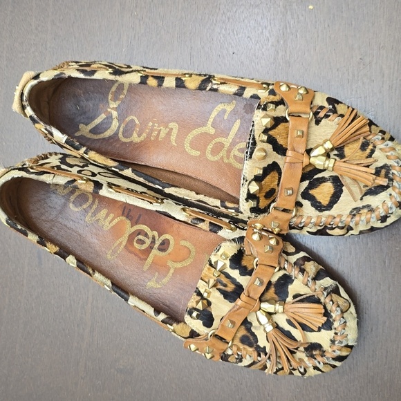 SAM EDELMAN Women's 8 M Leopard Animal Print Moccasins with Tassels - Picture 2 of 6
